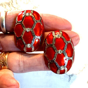 Vintage Red Enamel Clip On Earrings Silver Lattice Rhinestone Dome 80's Chic